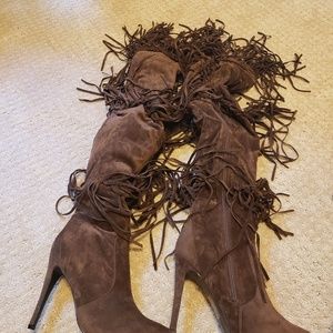 Brown thigh high fringe boots